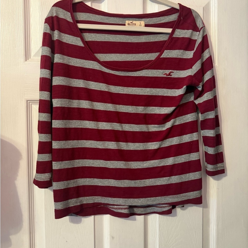 Hollister Maroon and Gray Striped Long Sleeve Top